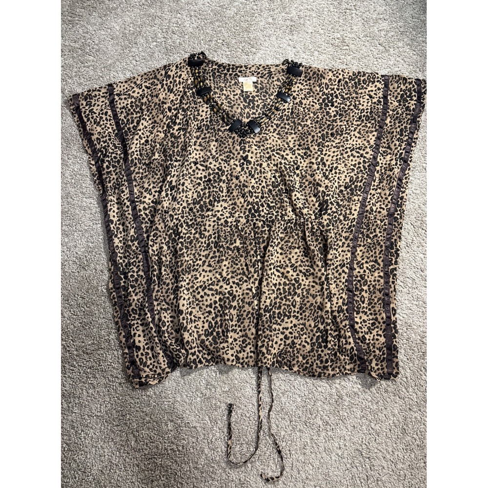 Zoe D Leopard Print Beaded Neck Kaftan Top Brown Animal Print Chiffon Size S